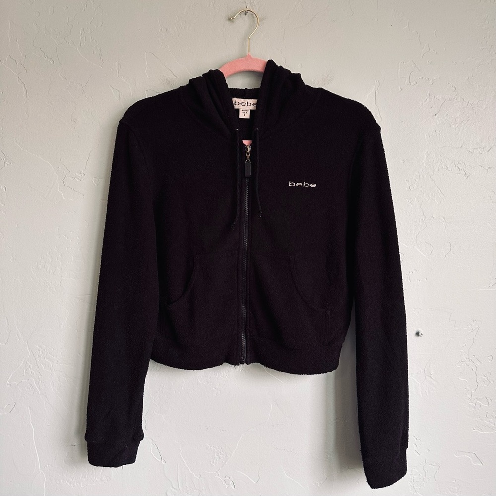 bebe Women’s Black Crop Zip-Up Terry Hoodie‎ Size Small Y2K Baddie Athleisure